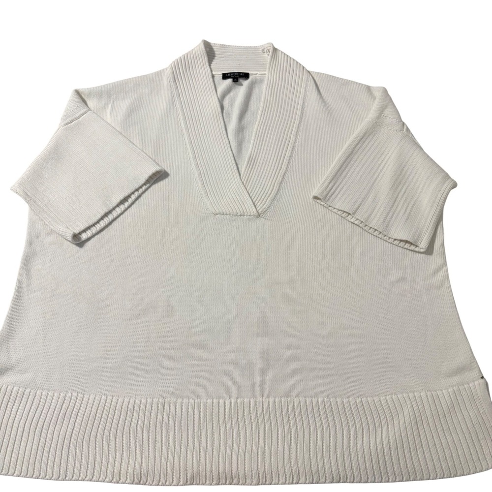 Lafayette 148 New York White Ribbed Shawl Collar Short Sleeve Sweater‎ Medium